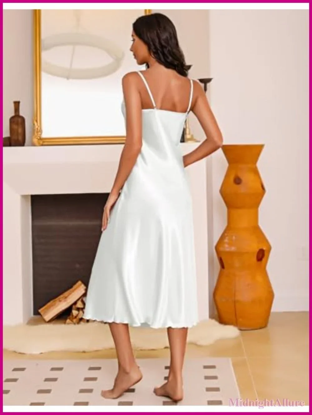 Women's Satin Long Nightgown Lace Trim Silk Slip Dress Adjustable Spaghetti